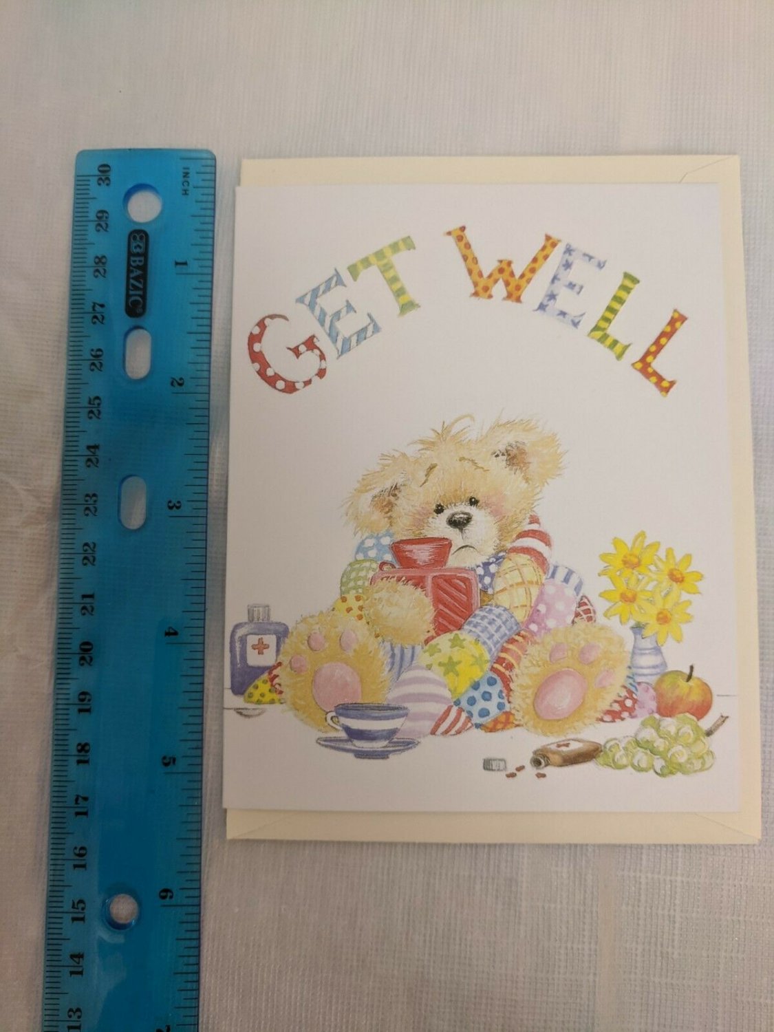 Get Well Card Sick Teddy Bear in Quilt CUTE!