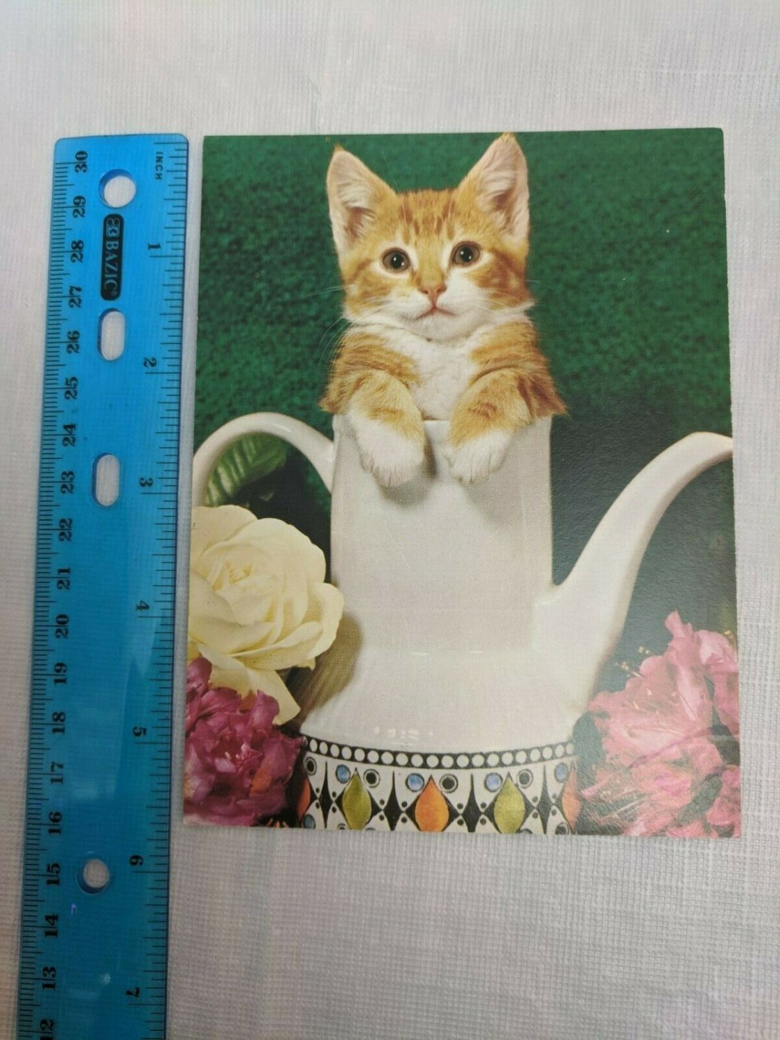 Friendly Thoughts VTG Card Kitten in Tea Pot, Flowers
