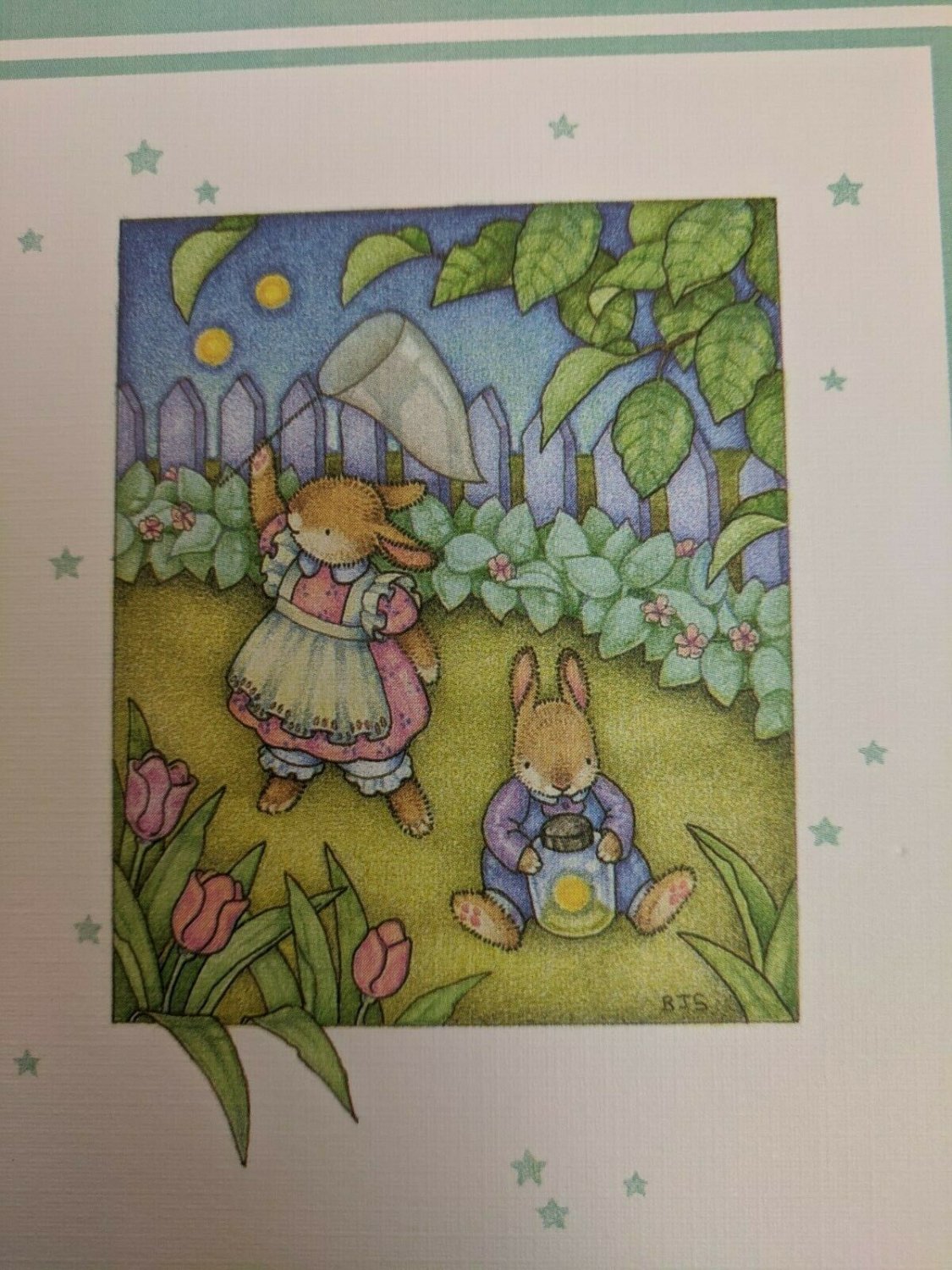 Note Card Unused Bunny boy & girl catching lightning bugs Signed BJS