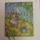 Note Card Unused Bunny boy & girl catching lightning bugs Signed BJS