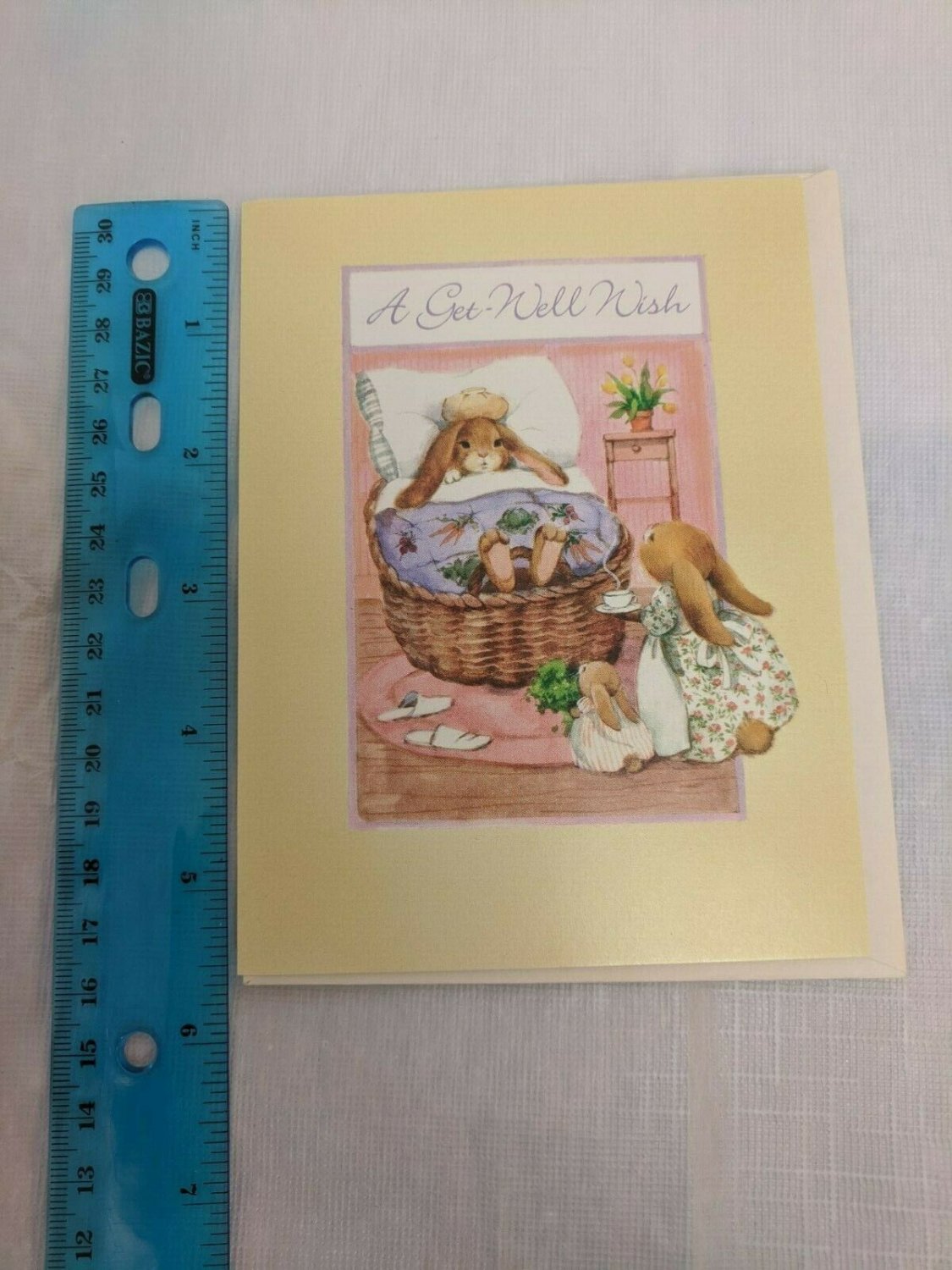 Get Well Wish Card Sick Bunny in Bed w/ Visitors CUTE!