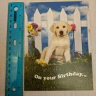 Happy Birthday Card Gold Lab Puppy on Grass, White Picket Fence