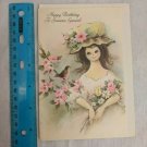 VTG Happy Birthday Card Pretty Girl in Bonnet, Cherry Blossoms, Robin