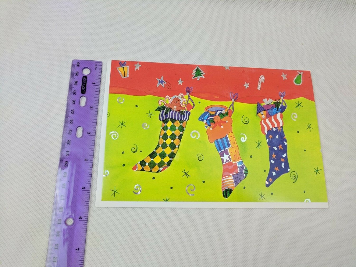 Plus Mark American Greetings Christmas Holiday Card Stockings Metallic Accents