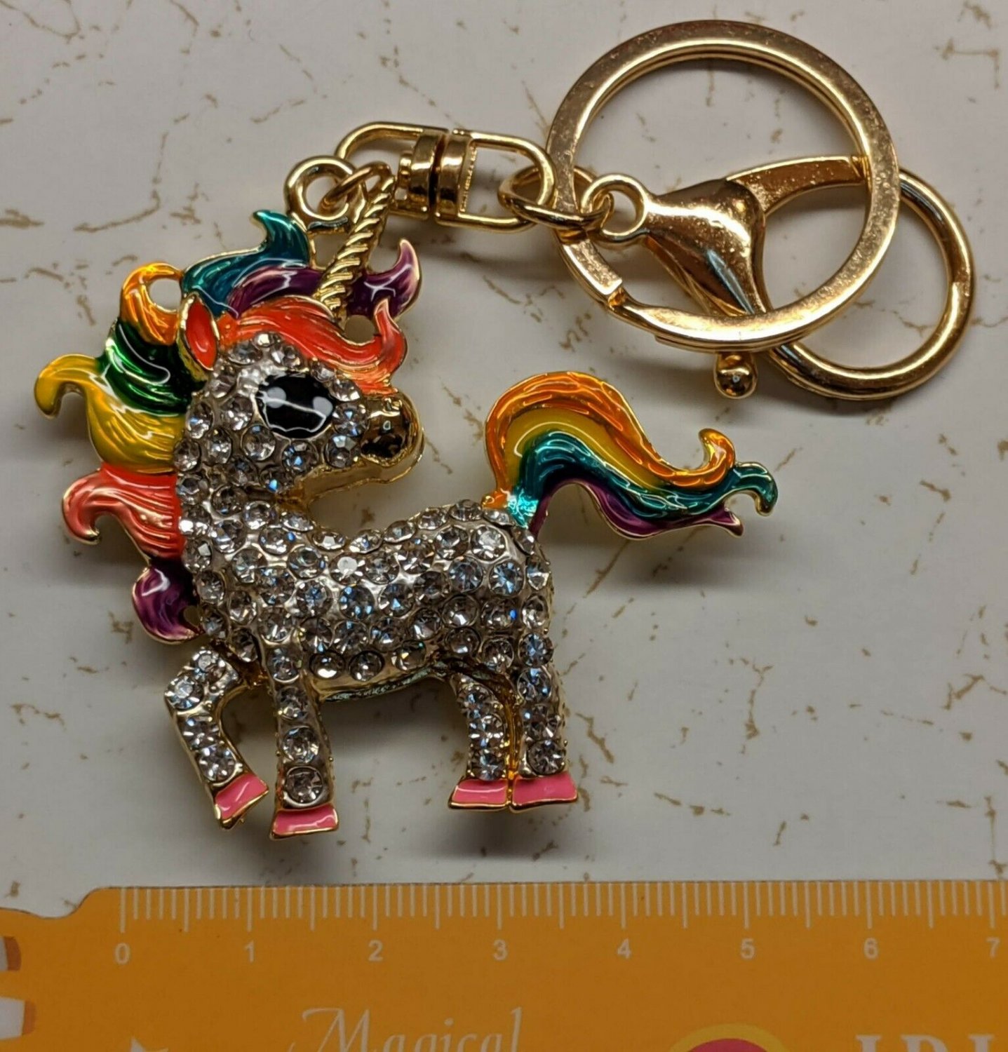 Unicorn Pony Metal Keychain Ring, Hook White Rhinestone Body Rainbow Hair