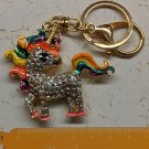 Unicorn Pony Metal Keychain Ring, Hook White Rhinestone Body Rainbow Hair