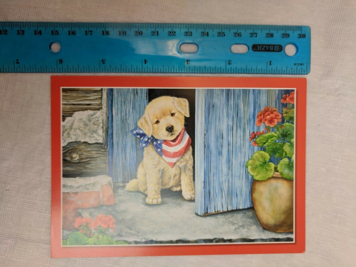 Blank Note Card Puppy w/ US Flag Bandana, Doorway, Potted Geraniums Jane Maday