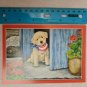 Blank Note Card Puppy w/ US Flag Bandana, Doorway, Potted Geraniums Jane Maday