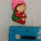 Vintage 1980s Resin Kids Lapel Pin Brooch Girl in Red/Green Dress, Pink Bonnet