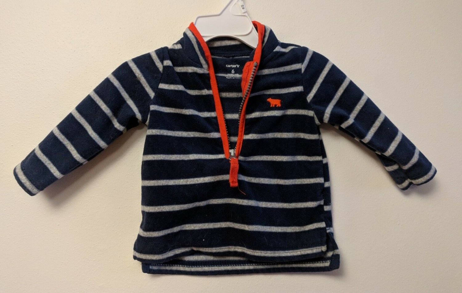 Carter's Navy Blue & Gray Striped Fleece Jacket Size 6M Red Trim, Bear Applique
