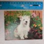 Blank Note Card White Terrier Dog w/ Plants, Petunias, Geranium, Marigold