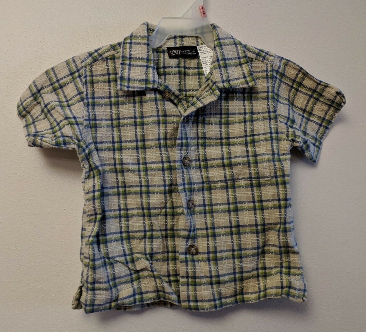 Faded Glory Button-Up Short Sleeve Shirt Size 12M Boy Tan Blue Green Plaid