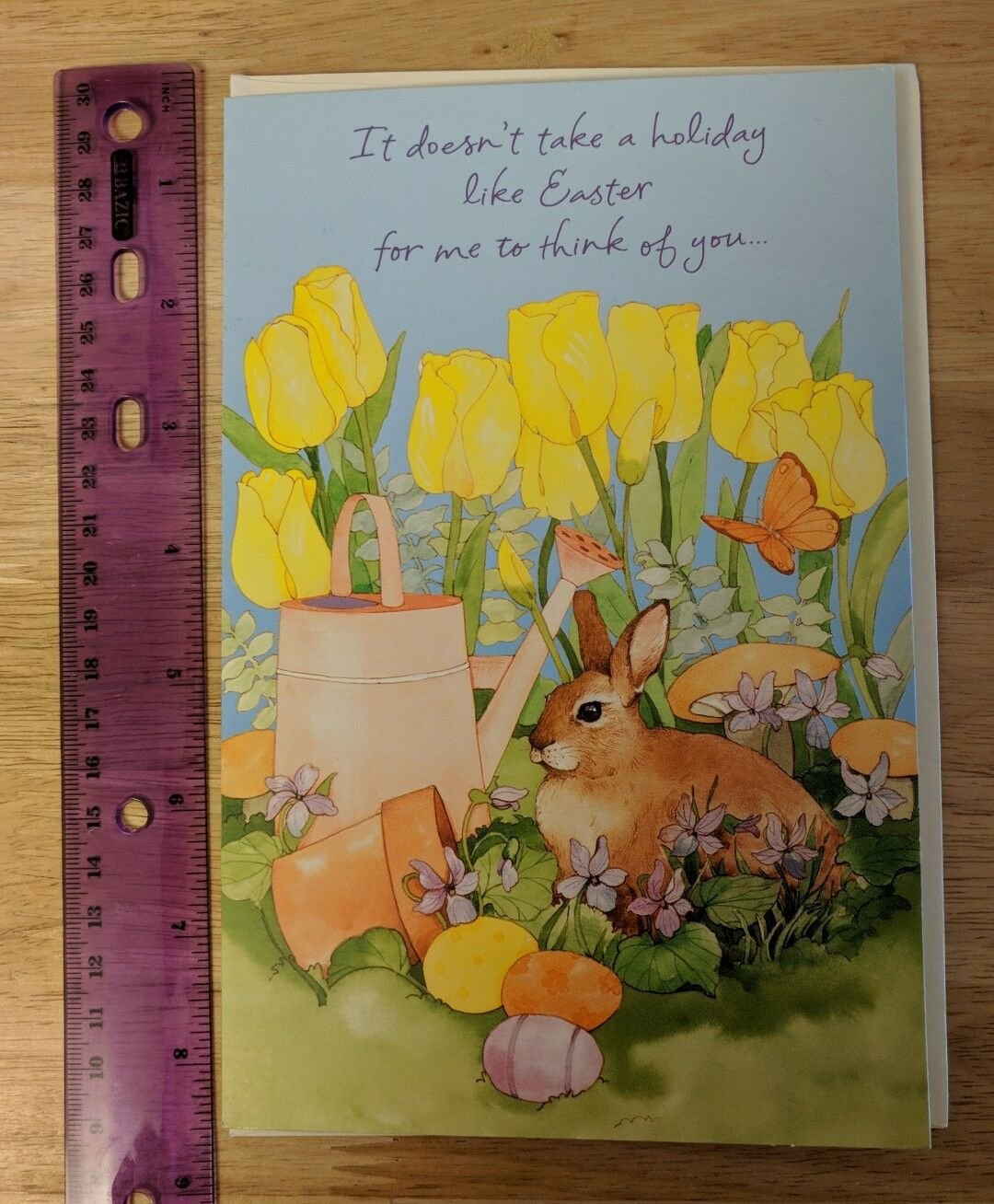 Tender Thoughts Easter Card Unused - Bunny Rabbit, Flowers, Eggs, Watering Can
