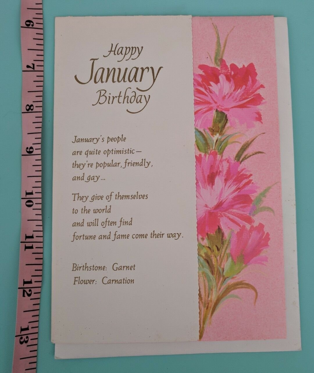 Vintage Rust Craft Card Happy January Birthday Pink Carnation Flower Unused