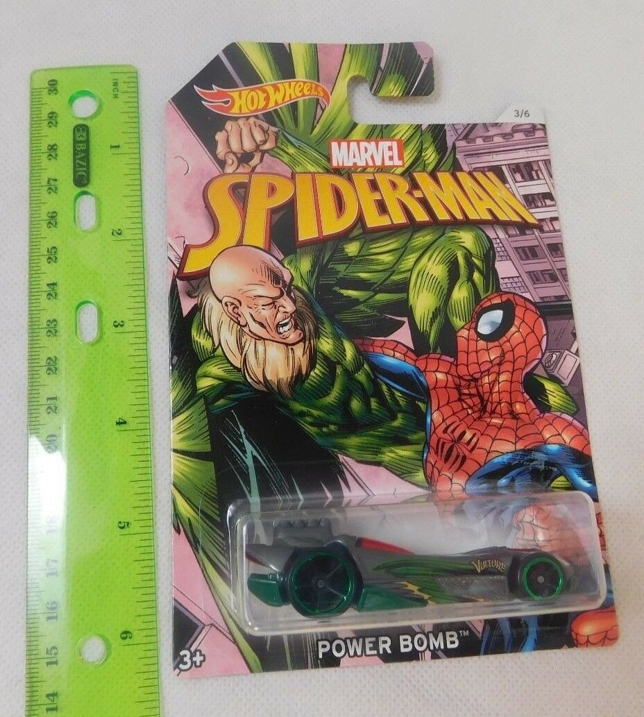 Marvel Spider-Man Hot Wheels Diecast POWER BOMB Car New MOC 3/6 Gray/Green