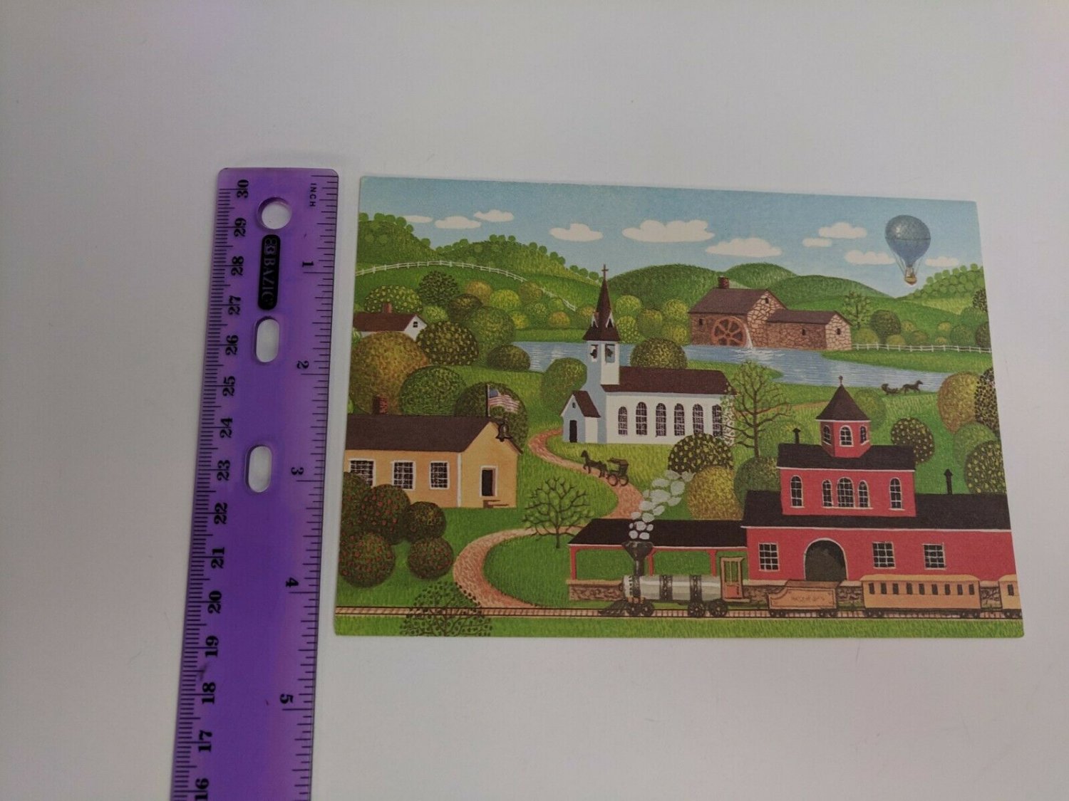 Sangamon Blank Note Card Lightweight Paper Village Scene Train Church School