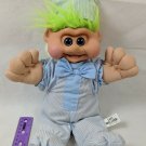 Vintage Dan Brechner Plush Toys Baby Troll Doll, Green Hair, Blue Striped PJs