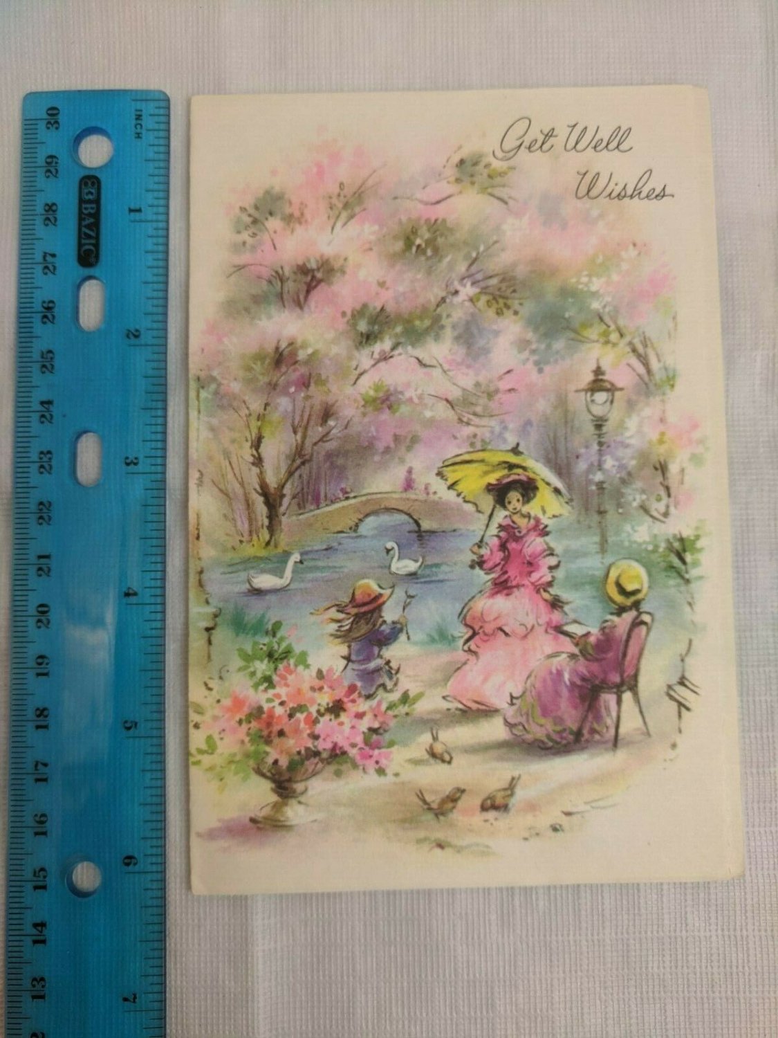 VTG Get Well Wishes Card Victorian Women & Girl, Park, Swan Pond, Bridge