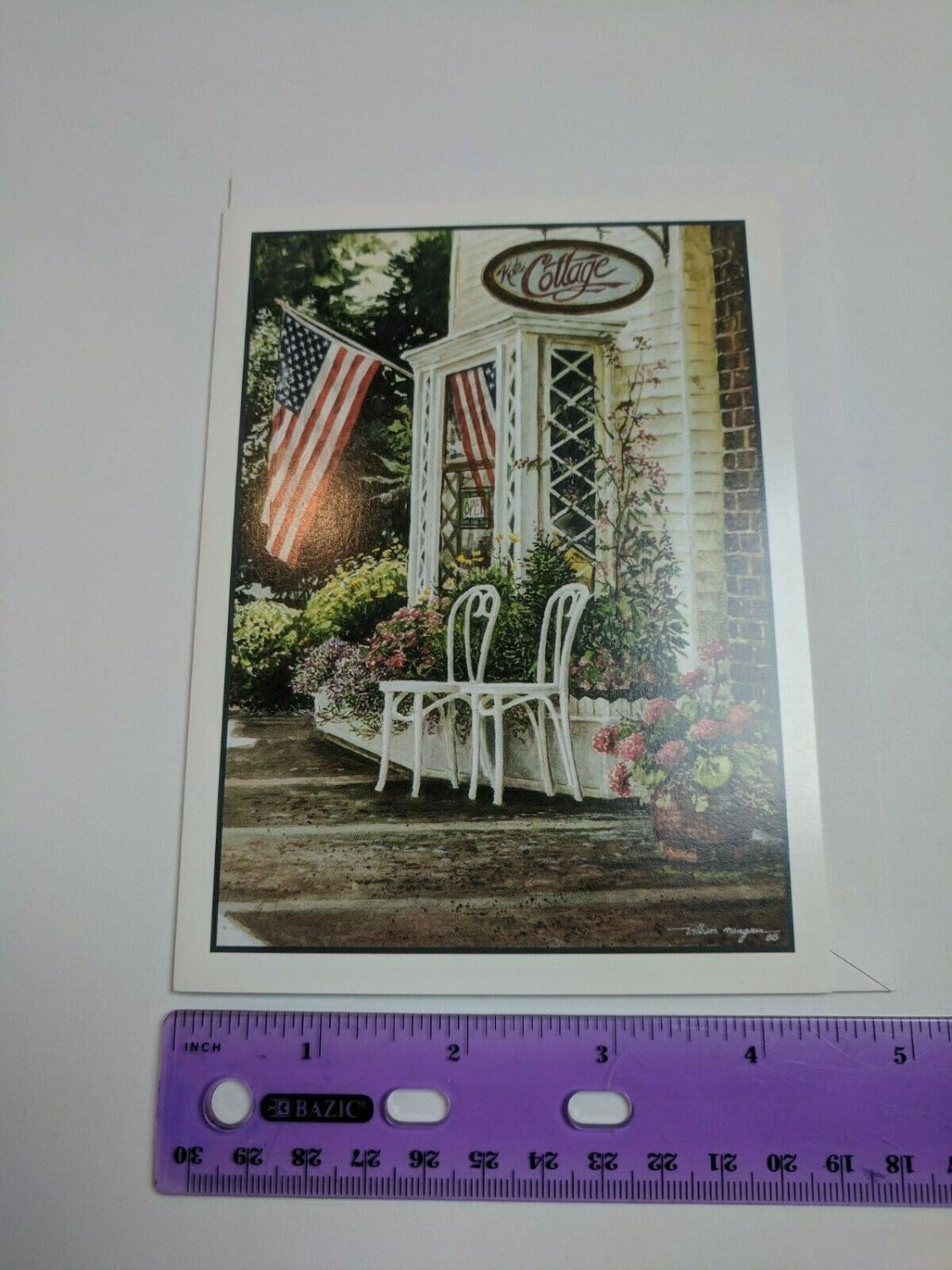 Maryknoll Blank Note Card Kate's Cottage Exterior American Flag Chairs Flowers