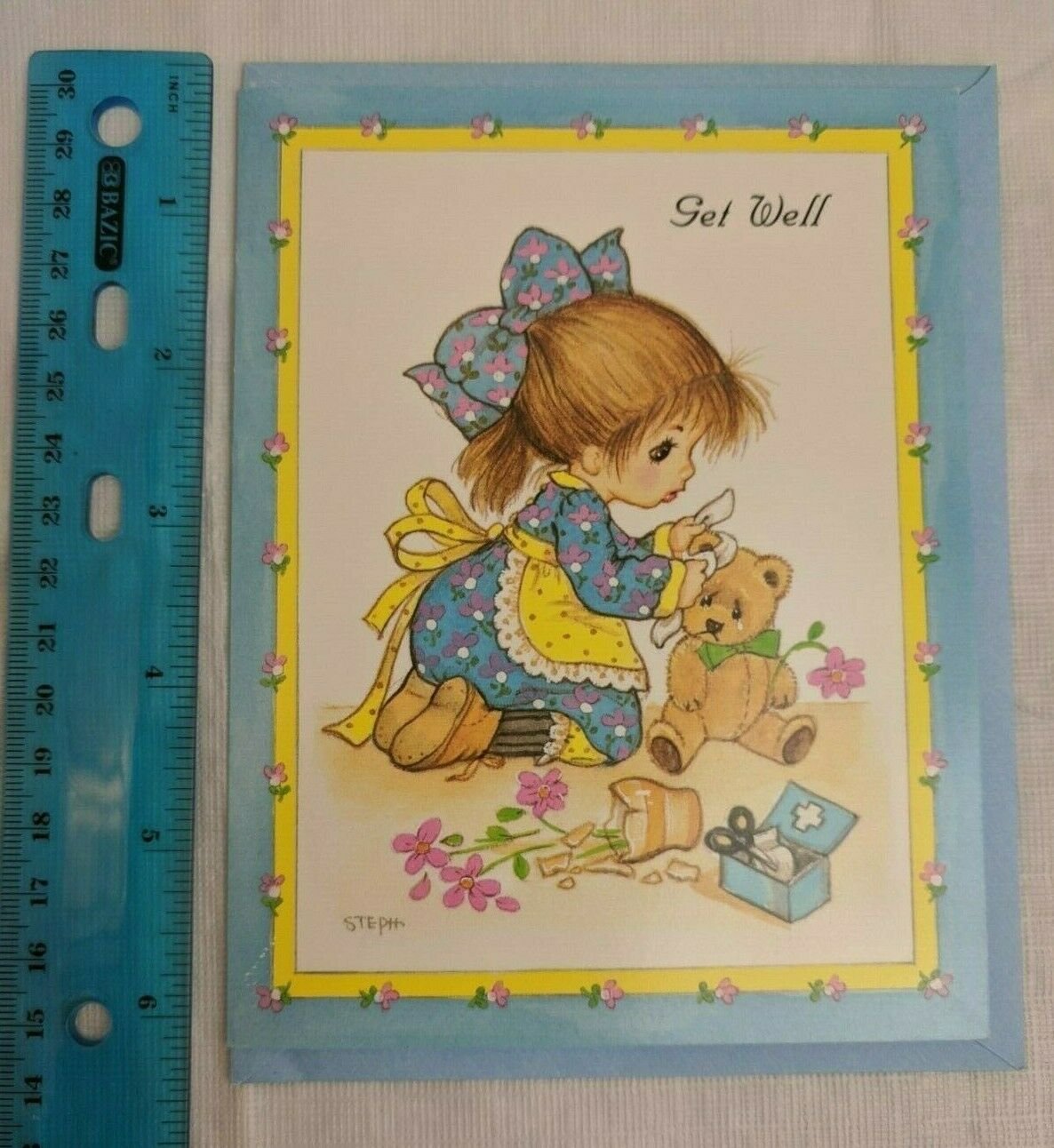 Blessed Friends Get Well Card Girl Fixing Injured Teddy Bear Broken Vase