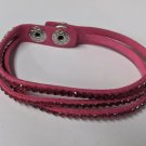 Pink 3-strand Leather Bracelet w/ Rhinestone Ornaments, Snap Clasp 18cm Long