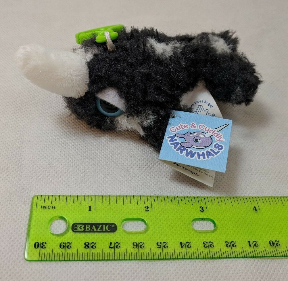 Applause Narwhal Mini Plush Keychain 3" Shaggy Black/White Very Soft! NWT