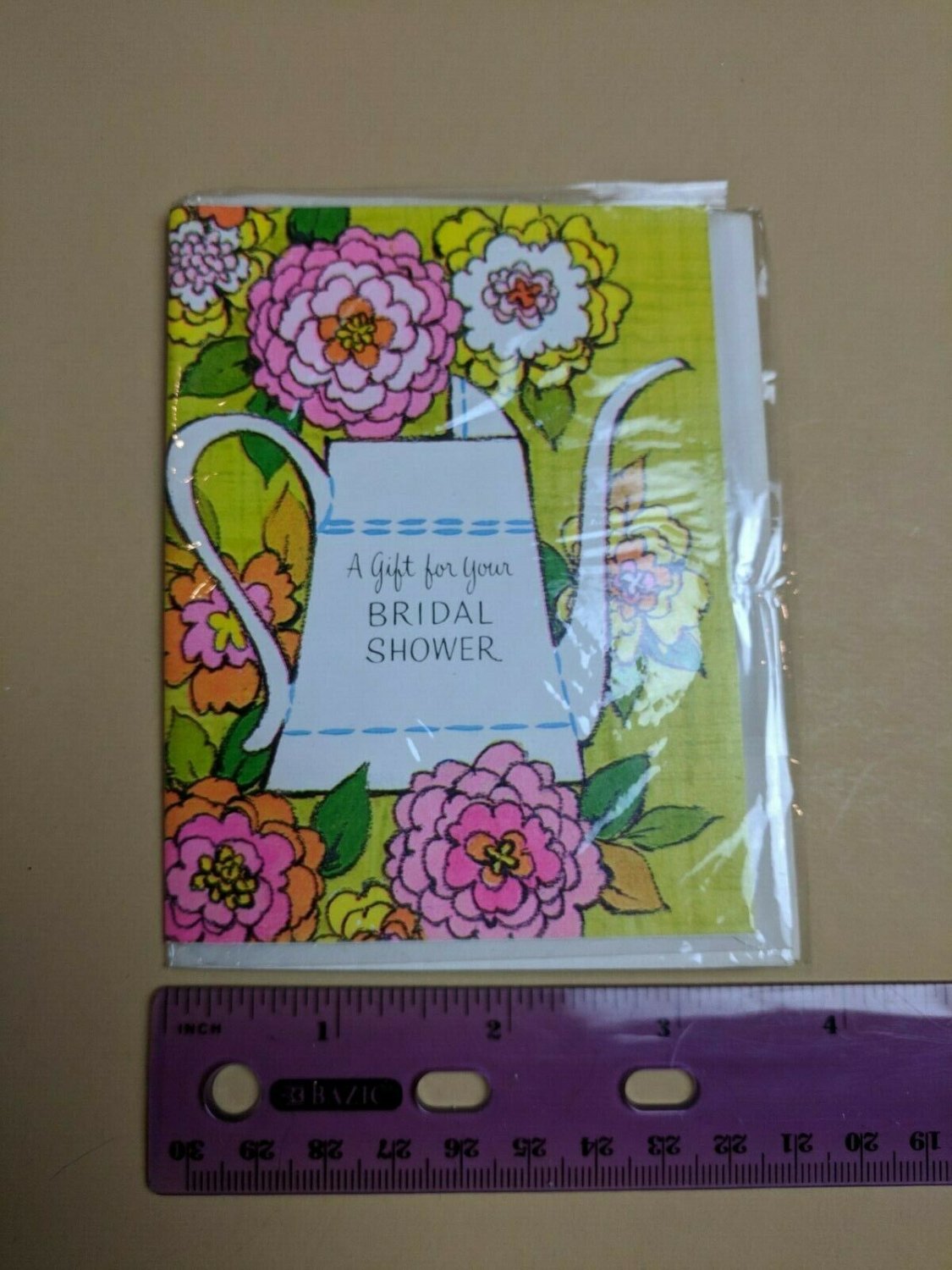 VTG Mini Shower Gift Card Watering Can Green Pink Yellow New in Wrapper