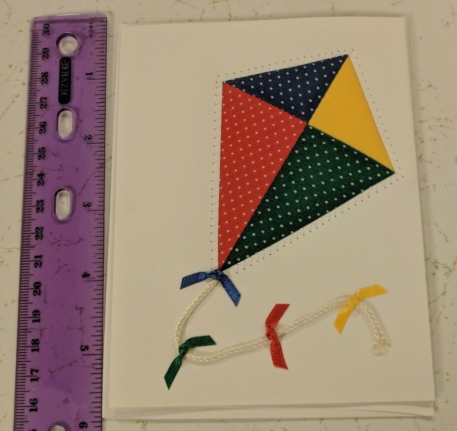 B Kane 1990 Blank Note Card Unused Vintage - Quilted Fabric Kite, Ribbons