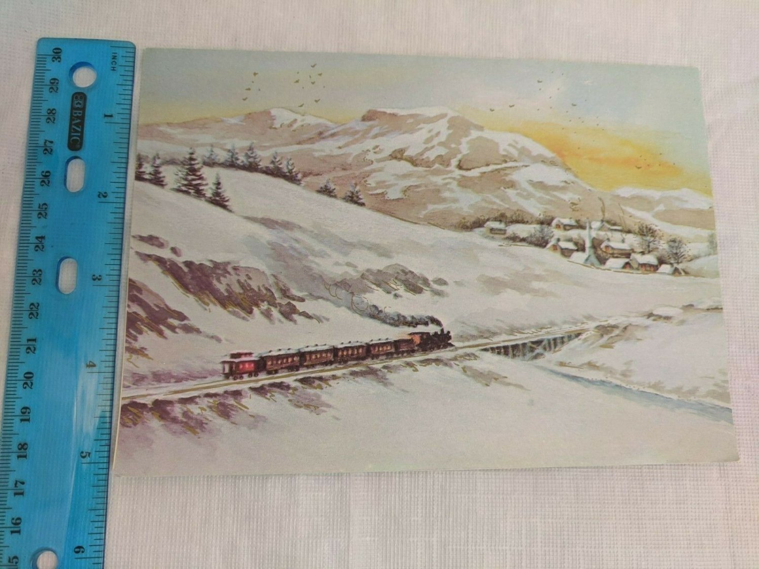 Famous Artists Studio Holidays & New Year Card James Cox Snowy Landscape Train