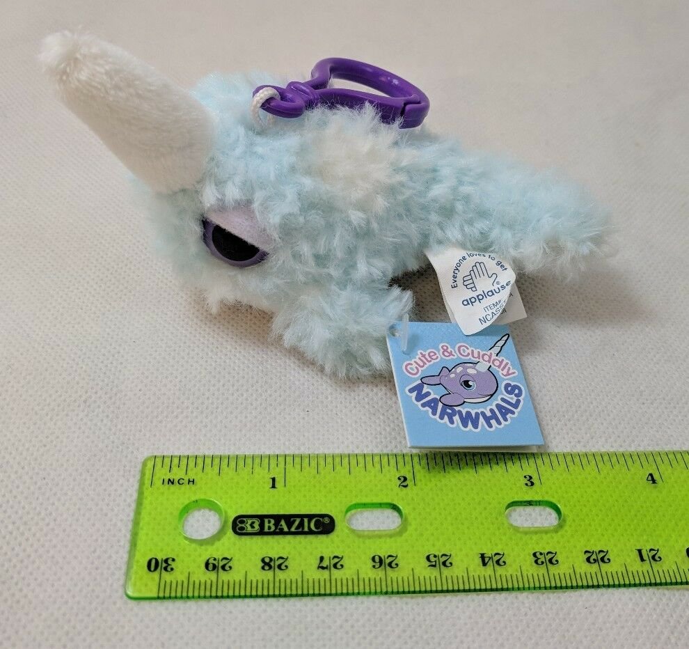 Applause Narwhal Mini Plush Keychain 3" Shaggy Lite Blue/White Very Soft! NWT