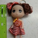Confused Girl Keychain Doll 4.5" Brown Pigtails Red & White Striped Candy Dress
