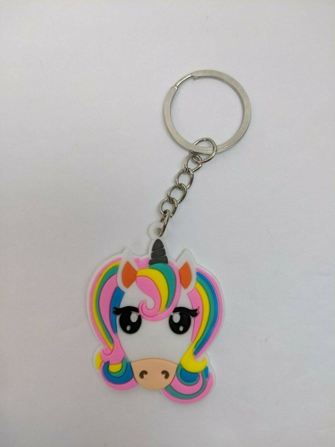 Unicorn Pony Head White, Rainbow Hair Soft Rubber Flat Keychain Decoration