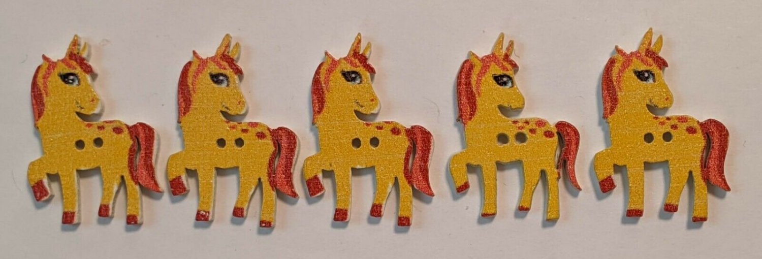 Yellow/Red Unicorn Pony Button Lot of 5 Matching Painted Wood 2-Hole Buttons