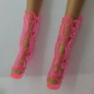 12" Fashion Doll Pair of Transparent Pink Floral High-heel Boots fit Curved Foot