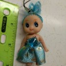 Mini Confused Girl Keychain Doll 3" Tall Blue Hair, Blue, Gold Paisley Skirt