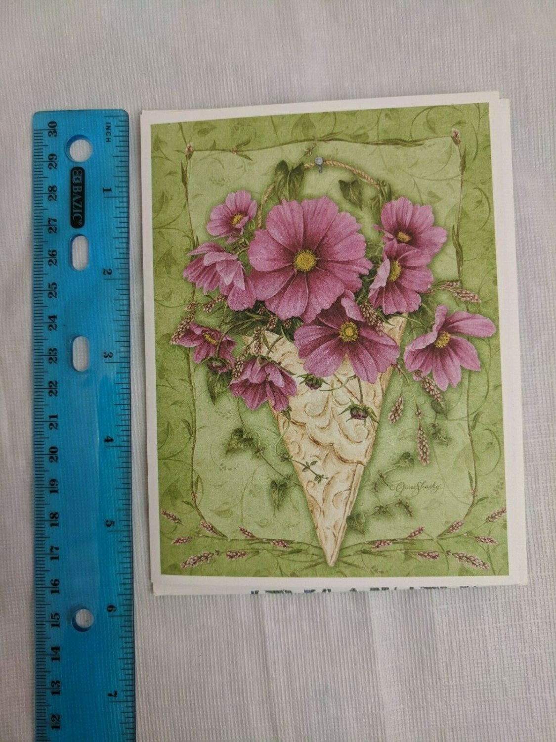 Jane Shasky Blank Note Card Pink Flowers in Cone Container Victorian