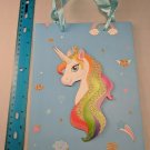 Blue Rainbow Unicorn Pony Gift Bag 7"x9.5"x3" Glitter, Clouds, Stars