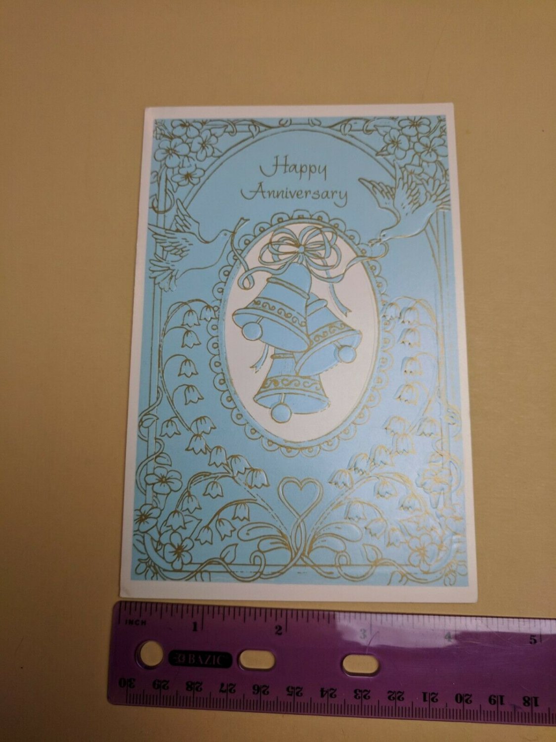 Famous Artists Studios Greeting Card VTG Anniversary Blue & Gold Bells Doves