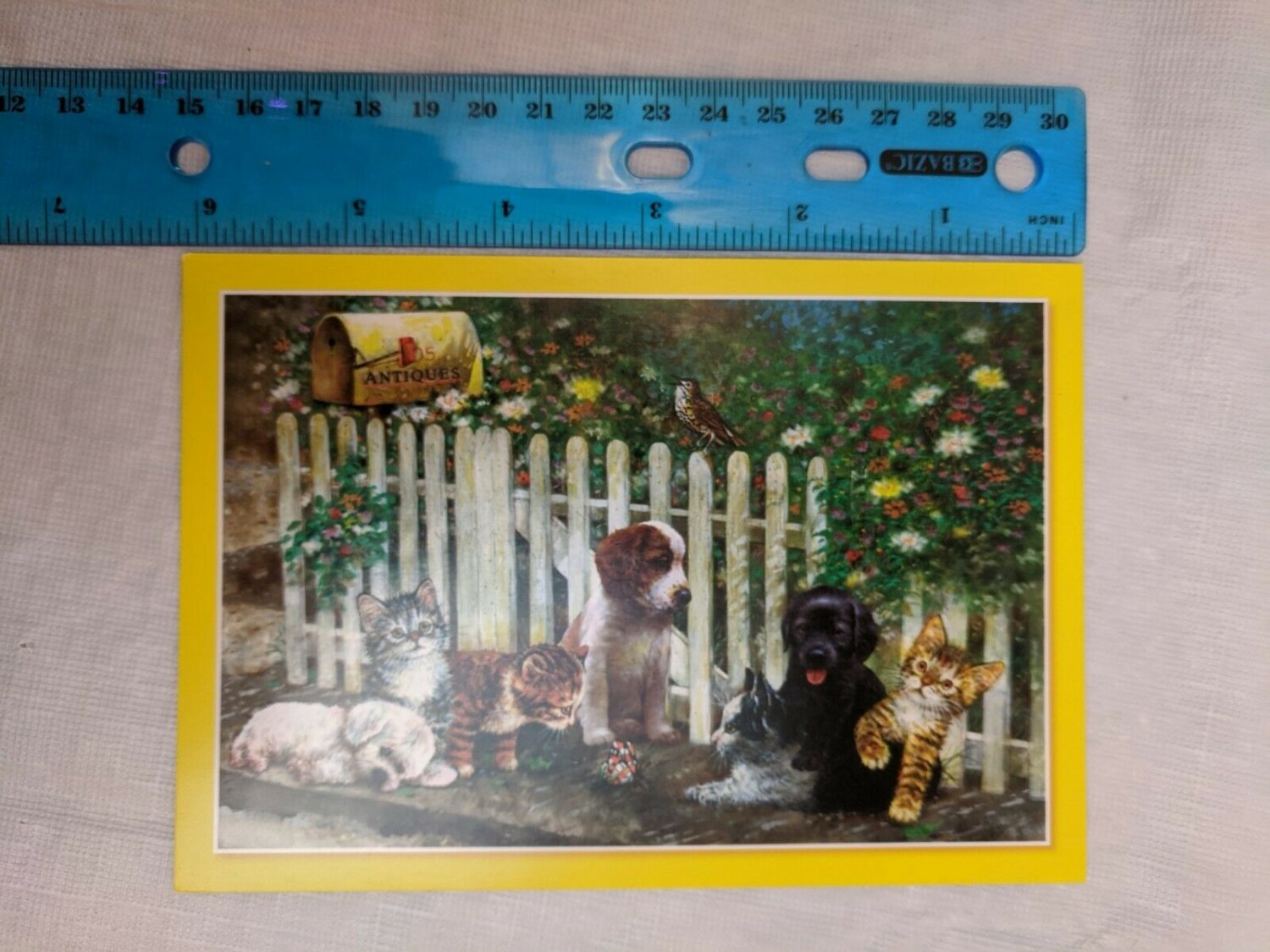Blank Note Card Puppies & Kittens at Mailbox, Fence by Giordano Studios