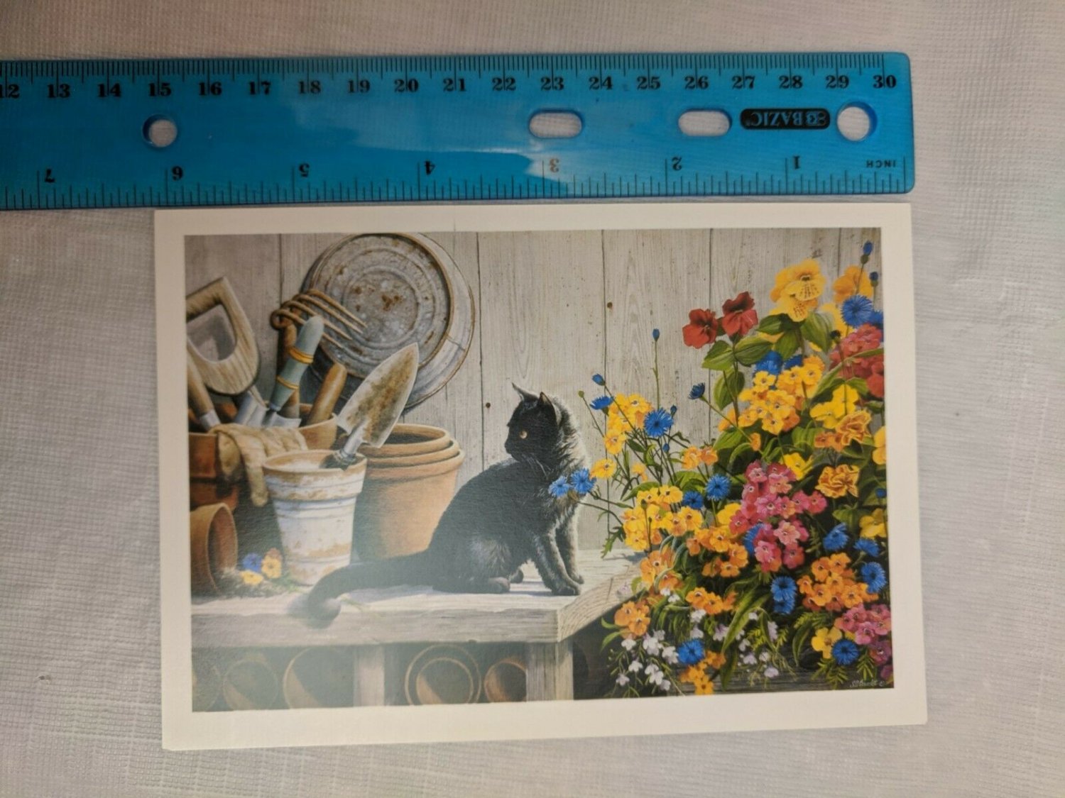 Blank Note Card Black Cat, Flowers, Garden Work Bench by Susan Bourdet