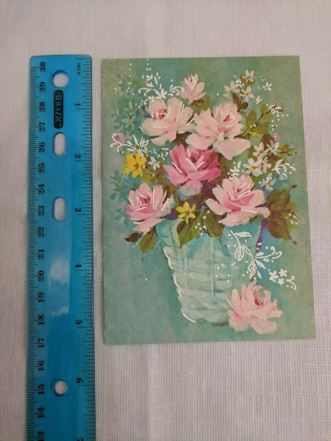 Sangamon VTG Blank Note Card Pink Roses in Basket
