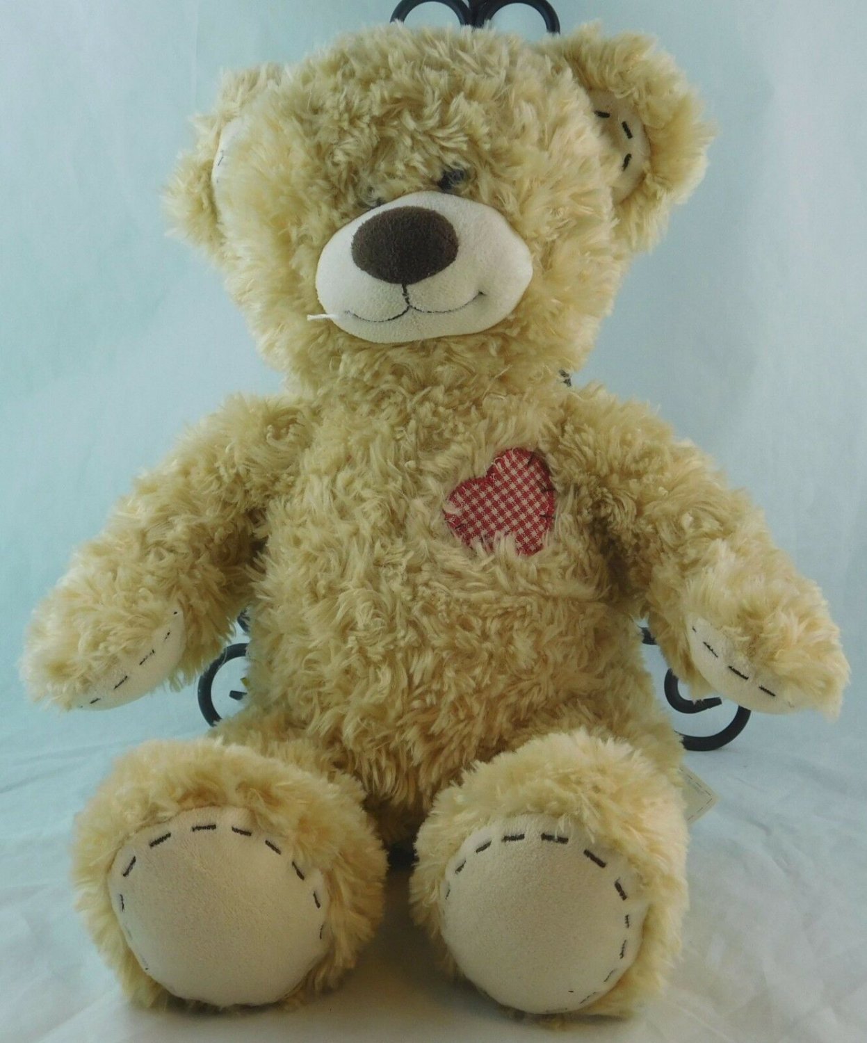 Build A Bear Workshop Tan Teddy Bear Plush w/ Heart Patch, Stitching 15" Sitting