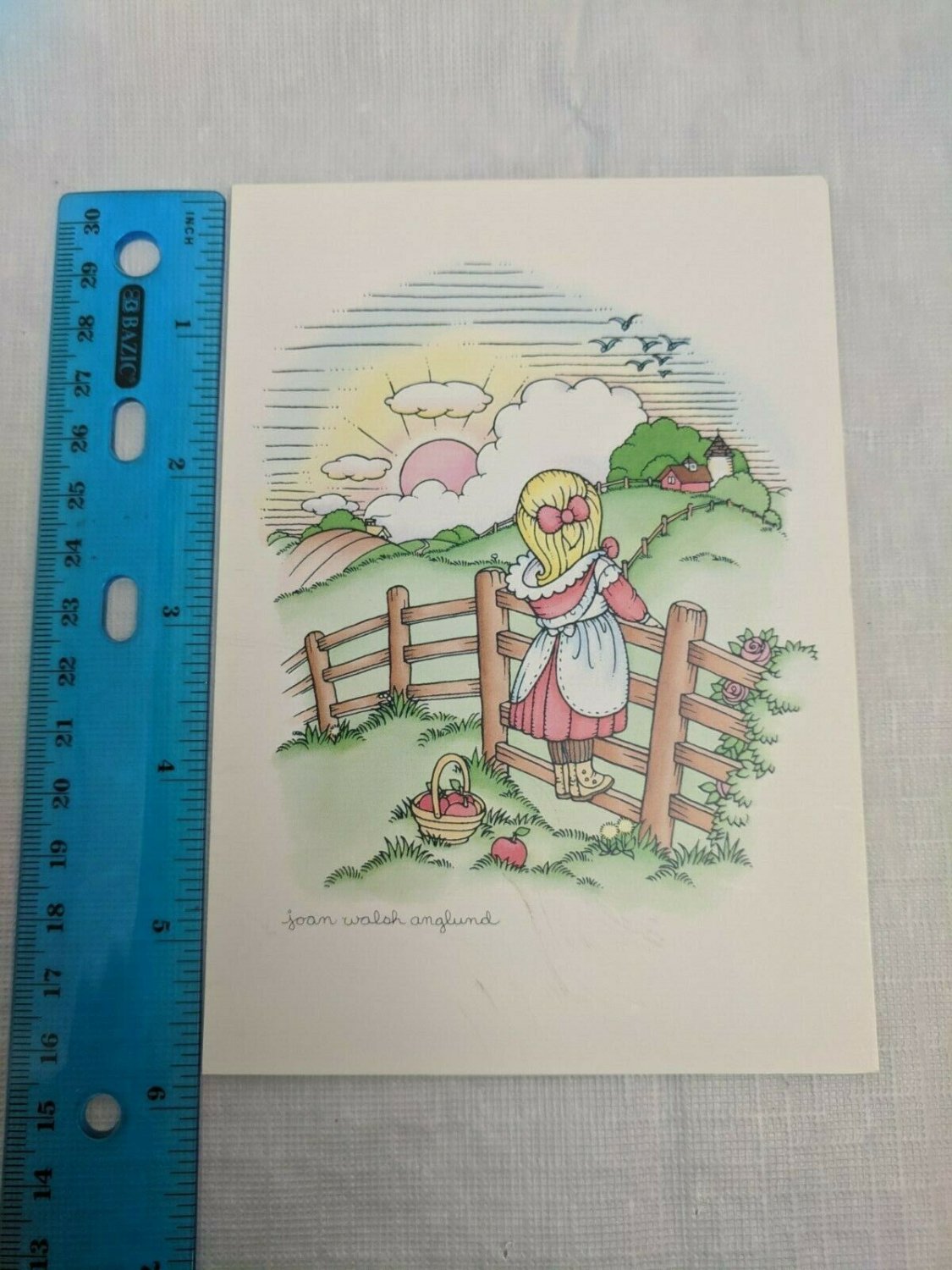 Current Inc Joan Walsh Anglund Postcard Blonde Girl at Fence Watching Sun, Farm
