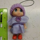 Mini Confused Girl Keychain Doll 3" Tall PURPLE Ruffled Dress, Knit Beanie Hat