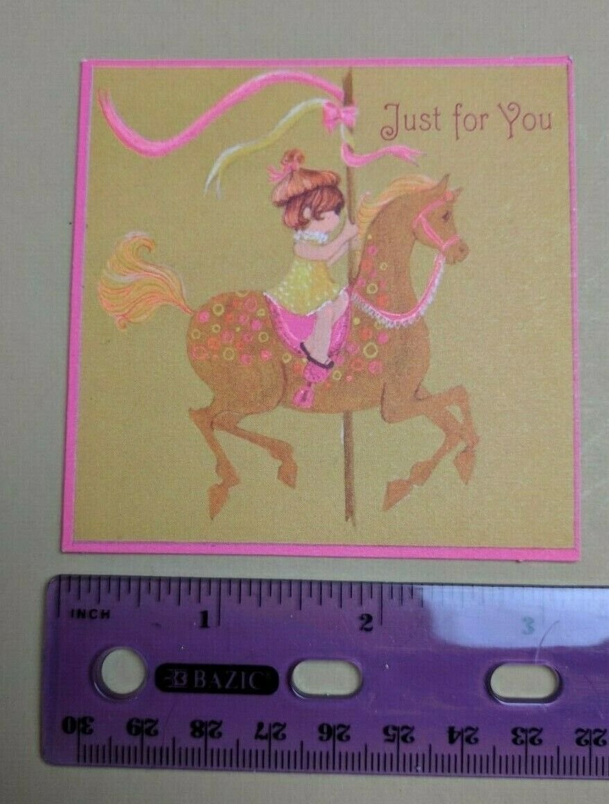 VTG 1970's Mini Gift Card Girl on Carousel/Merry Go Round Horse Gold/Pink