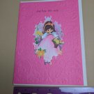 VTG 1970's Get Well Card Pink Embossed, Little Girl w/ Flowers Unused