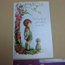 Famous Artists Studios Greeting Card VTG Boy w/ Puppy, Bird, Flowers Get Well