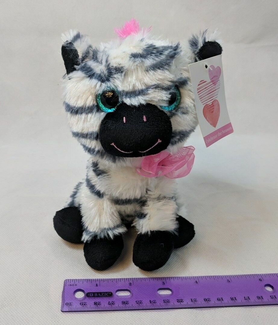CS Int Valentine's Day Zebra White Black Pink Big Glitter Eyes Plush Toy 7" NWT