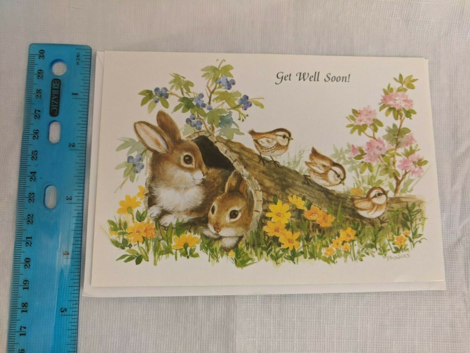 Olympia Get Well Soon Card Bunnies in Log w/ Birds & Flowers by Phakos