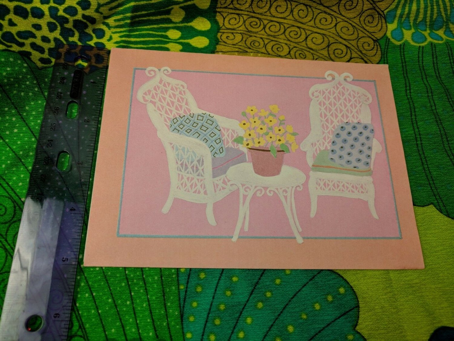 Famous Artists Studios Card Unused VTG White Wicker Chairs & Table Get Well